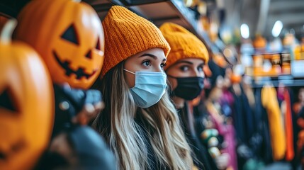 Obraz premium Friends wearing Halloween hats and masks while browsing costumes in a store