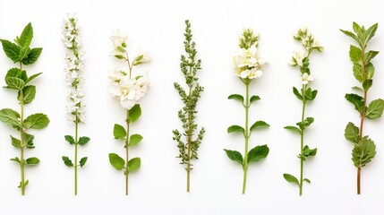 Seven Sprigs of White Flowers and Herbs on White Background