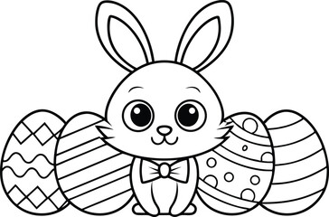 Cartoon Easter Bunny with Bowtie and Decorated Eggs in Line Art