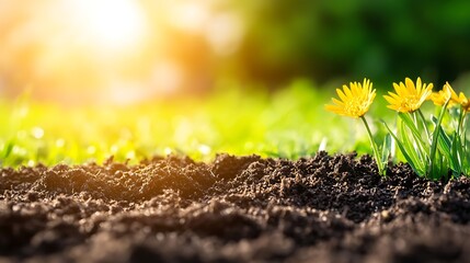 Sunny day showing vibrant yellow flowers growing in fresh soil
