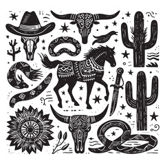 Linocut western boho set vector, Texas desert engraving print collection, vector canyon wildlife, cactus. Texture grunge Arizona rodeo graphics, bull, horse, snake, skull silhouette. 