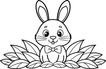 Cute Hare with Bowtie in Leaves Outlines on Transparent Background