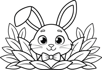 Outline Cartoon Rabbit Head with Bowtie Surrounded by Leaves on Transparent Background
