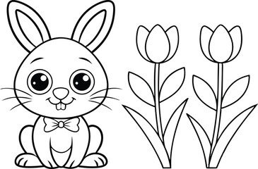 Cartoon Bunny & Two Tulips Line Art, Cute Rabbit with Bowtie on Transparent Background