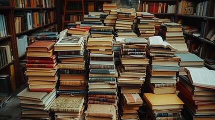 Fototapeta premium A library scene filled with towering stacks of books, spilling over from shelves and creating a sense of intellectual abundance and organized chaos