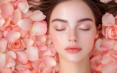 Woman with closed eyes surrounded by pink rose petals
