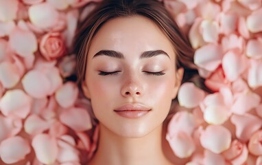 Woman with closed eyes surrounded by pink rose petals