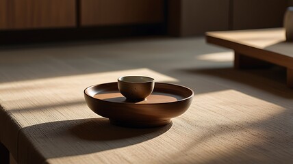 Small Cup on Wooden Tray in a Minimalist and Serene Setting