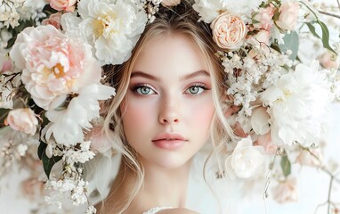 Obraz premium Portrait of a beautiful woman adorned with flowers