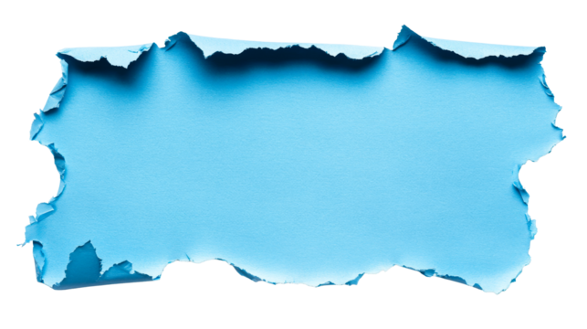 Torn blue paper with ragged edges and a black background, cut out transparent