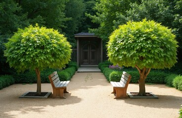 Fototapeta premium Scenic garden scene with neatly trimmed trees, wooden benches. Pathway leads to wooden gate. Green rich foliage, light brown gravel ground. Peaceful, tranquil outdoor space for rest and recreation.