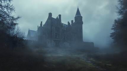Old abandoned castle shrouded in mist and eerie lighting known as a haunted historical site