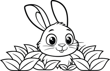 Cartoon Bunny Rabbit Peeking from Leaves with Cute Facial Expression Outline