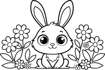 Cute Bunny Line Art with Daisy Flowers on Transparent Background