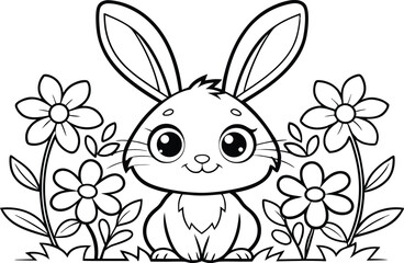 Cartoon Rabbit in Flowers Outline Style on Transparent Background, Bunny, Cute