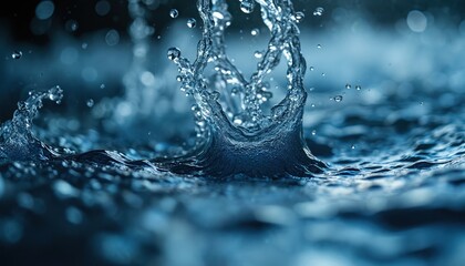 Close-up of water splash in motion. Blue liquid with dynamic shape and wave, creating fresh, pure, clean feeling. Concept of water quality, purity, health, environment, research.