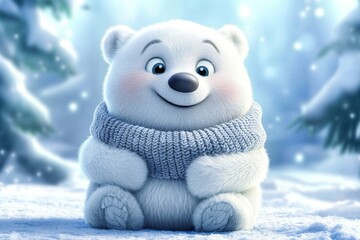 Adorable cartoon polar bear wrapped in a striped grey scarf.