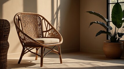 Wicker Chair in Sunlight with Plant Creates Cozy Interior Scene