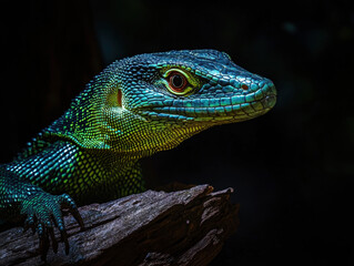 Obraz premium Vibrant green lizard basking on a wooden branch in the wild