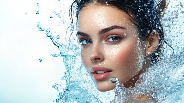 Beautiful woman's face is surrounded by splash of clear, refreshing water. Ideal for beauty, skincare, or hydration-related marketing campaigns.