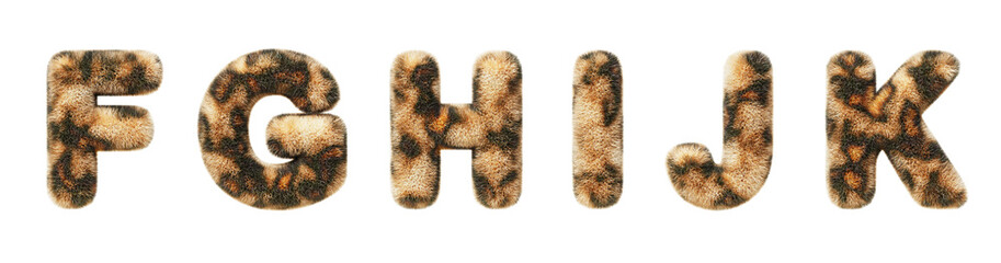 3d leopard font, fluffy alphabet letters F, G, H, I, J, K with animal fur texture and spotted pattern. Furry plush, shaggy English letters with cheetah skin print, isolated render set. 3D illustration