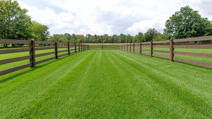 Fototapeta premium Lush Green Grassy Field with Brown Wooden Fences under Partly Cloudy Sky