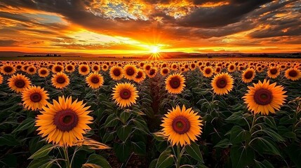 Obraz premium Breathtaking agricultural landscape featuring a sunflower field.
