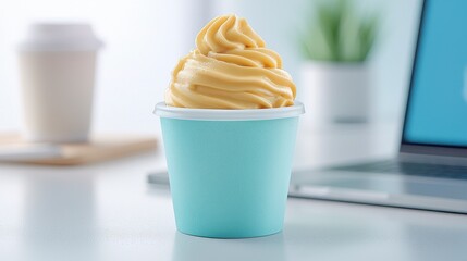 Light Yellow Frozen Dessert in Teal Cup on White Table
