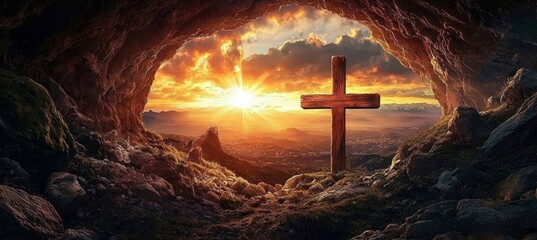 Spiritual Significance of a Wooden Cross Against a Vibrant Sky