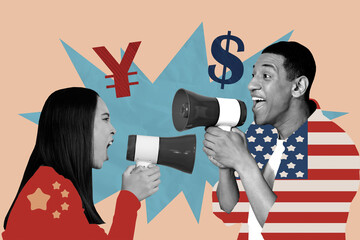 Sketch image artwork composite 3D photo collage of young man lady hold loudspeaker talk geo...