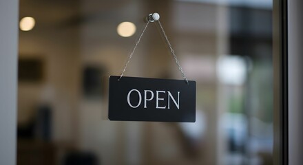 Black rectangular 'OPEN' sign hanging on a glass door by two small chains. 