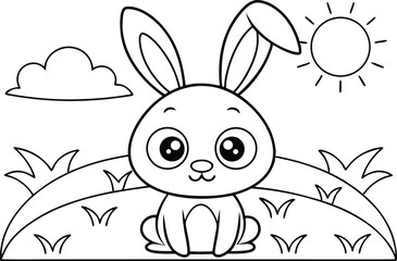 Cartoon Bunny on Hill with Sun and Cloud Line Art Design