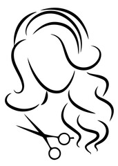 Beauty Salon and Hairstyling. Female Head with Long Wavy Hair, Beauty Salon Theme with Scissors Underlining Haircut and Styling Services. 