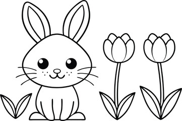 Cute Outline Bunny with Tulips with Transparent Background