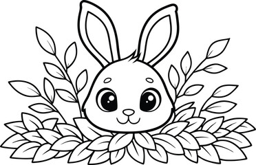 Cute Bunny Face with Leaves in Black and White Outline Style