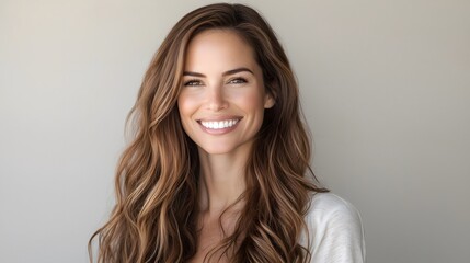 Smiling woman with long brown wavy hair and white teeth