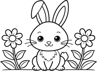 Cute Cartoon Rabbit With Flowers, Black Line Art On Transparent Background, Outline
