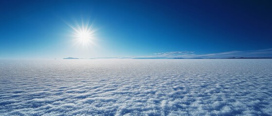 An endless icy plain sparkles under a radiant sun, creating a magical, boundless vista of white and blue.