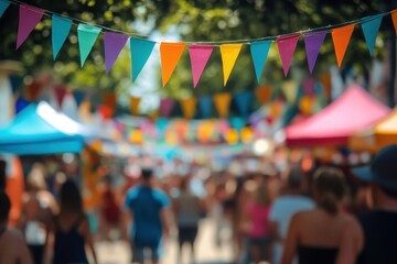 Blurred crowd at a colorful outdoor festival with triangular bunting flags. Use for event promotion, community gathering, or summer fair concepts.