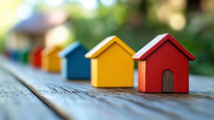 Colorful Miniature Houses on Wooden Table, Representing Real Estate, Housing Market, and