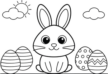 Cute Cartoon Rabbit with Decorated Eggs, Sun and Clouds, Outline on White Background