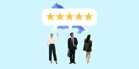 Three people with review speech bubble. Visual representation of customer testimonials as shared experience shaping brand identity and credibility. Concept of public opinion, service quality, business