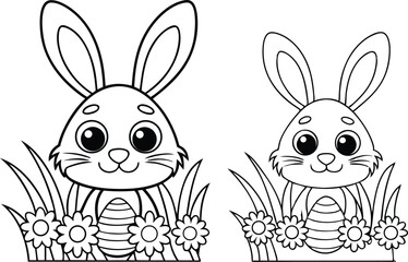 Outline Cute Bunnies With Easter Egg Hidden in Grass And Flowers, Transparent Background