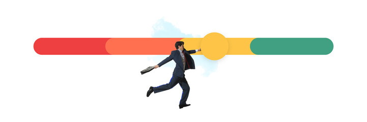 Man running through scale bar. Satisfaction scale driven by client reviews and brand performance metrics. Conceptual design. Evaluation, progress, service quality, user influence, testimonials concept