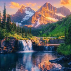Fototapeta premium Majestic mountain range at sunset with waterfall and lush greenery