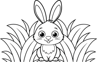 Outlined Cute Rabbit Surrounded by Grass, Whimsical Line Art with Transparent BG