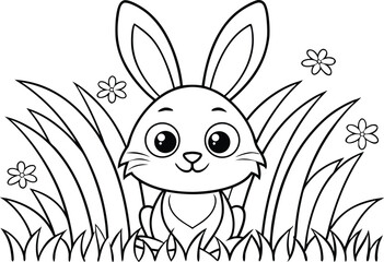 Outlined Cute Rabbit Sitting in Grass with Flowers, Line Art Style on White