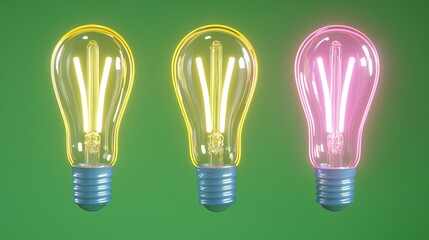 Three Colorful Vintage Light Bulbs Emitting Soft Glow Against a Green Background