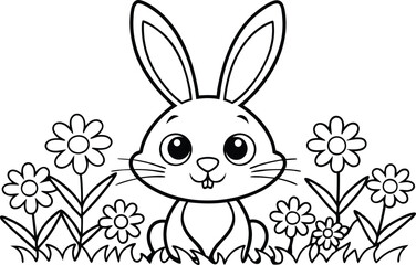 Smiling Bunny in Flowers Outline, Cartoon Animal with Transparent Background