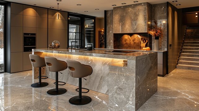 Modern kitchen island in luxurious home with marble countertops and stone backsplash